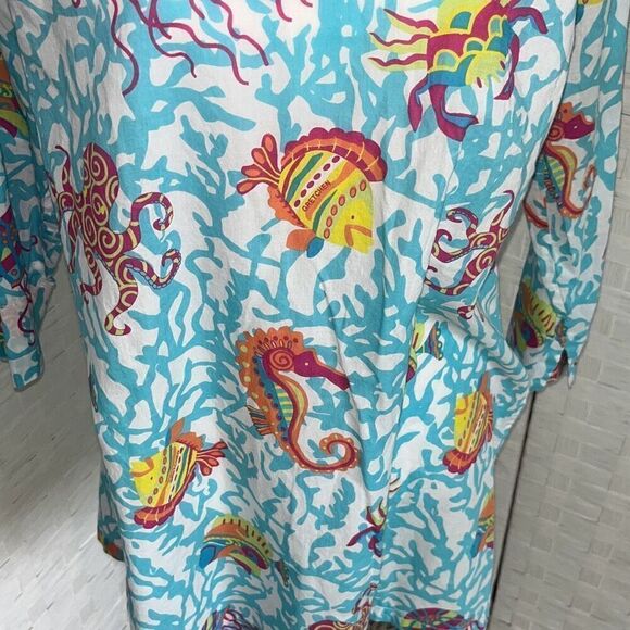 Gretchen Scott Notched Neck Tunic Aquatic Life  Medium ￼ - Picture 3 of 14